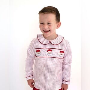 Eliza James Boutique Hand Smocked Santa Cotton Pique top, 12 mo, MSRP $42